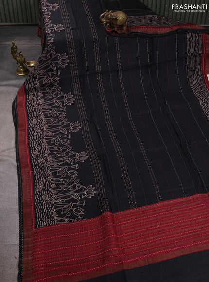 Munga tussar silk saree black and maroon shade with allover prints & kantha stitch work and zari woven border