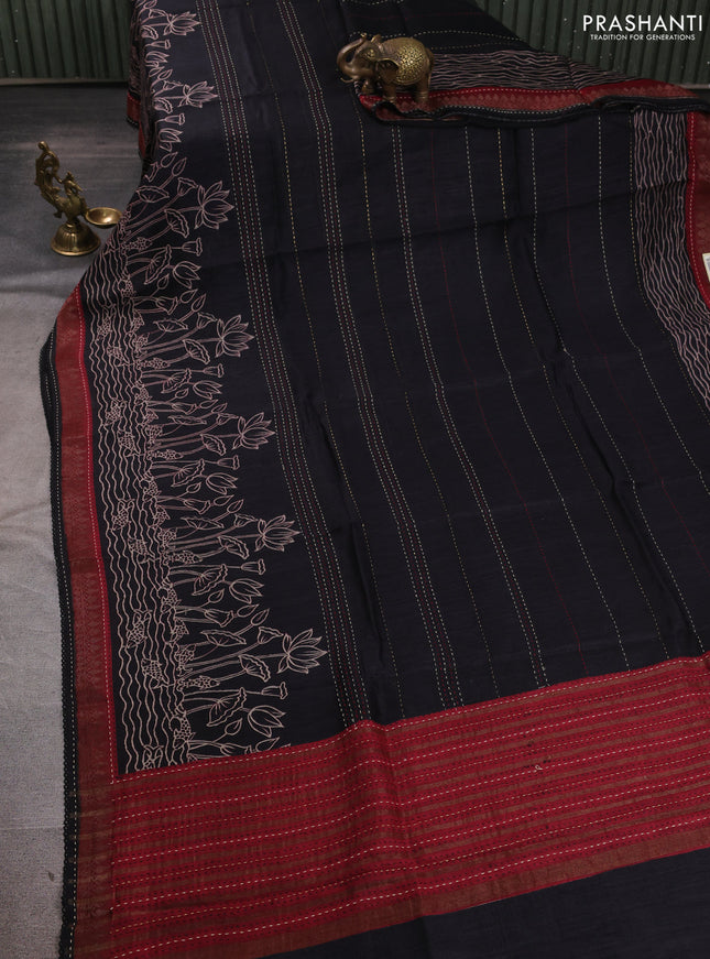 Munga tussar silk saree black and maroon shade with allover prints & kantha stitch work and zari woven border