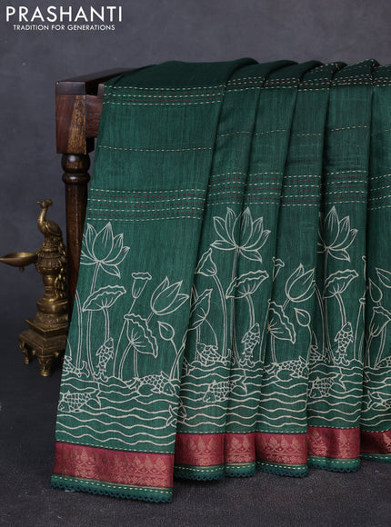 Munga tussar silk saree green and maroon shade with allover prints & kantha stitch work and zari woven border