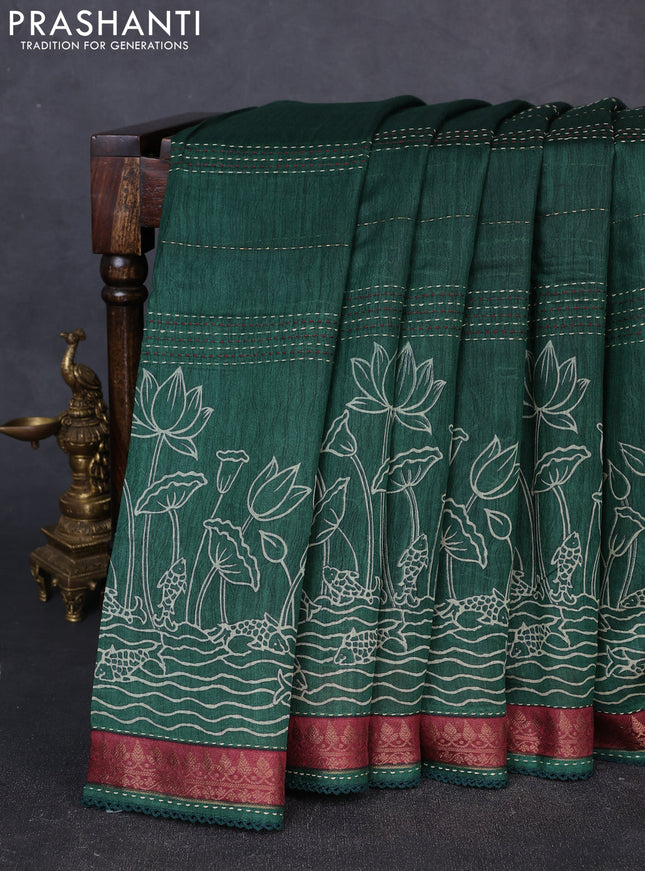 Munga tussar silk saree green and maroon shade with allover prints & kantha stitch work and zari woven border