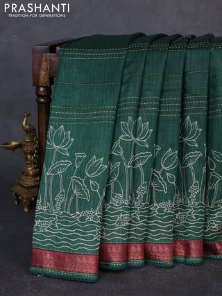 Munga tussar silk saree green and maroon shade with allover prints & kantha stitch work and zari woven border