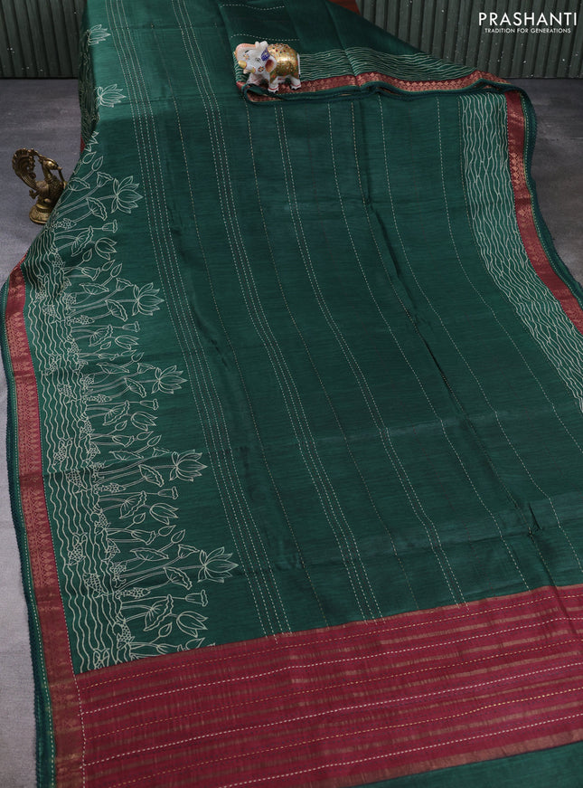 Munga tussar silk saree green and maroon shade with allover prints & kantha stitch work and zari woven border