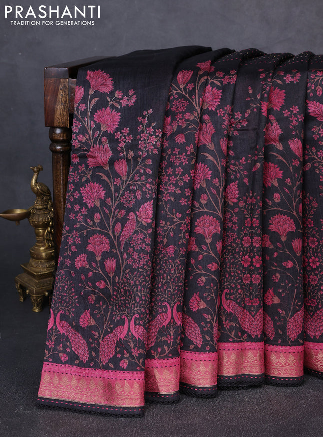 Munga tussar silk saree black and pink with allover prints & kantha stitch work and zari woven border