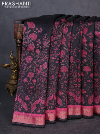 Munga tussar silk saree black and pink with allover prints & kantha stitch work and zari woven border