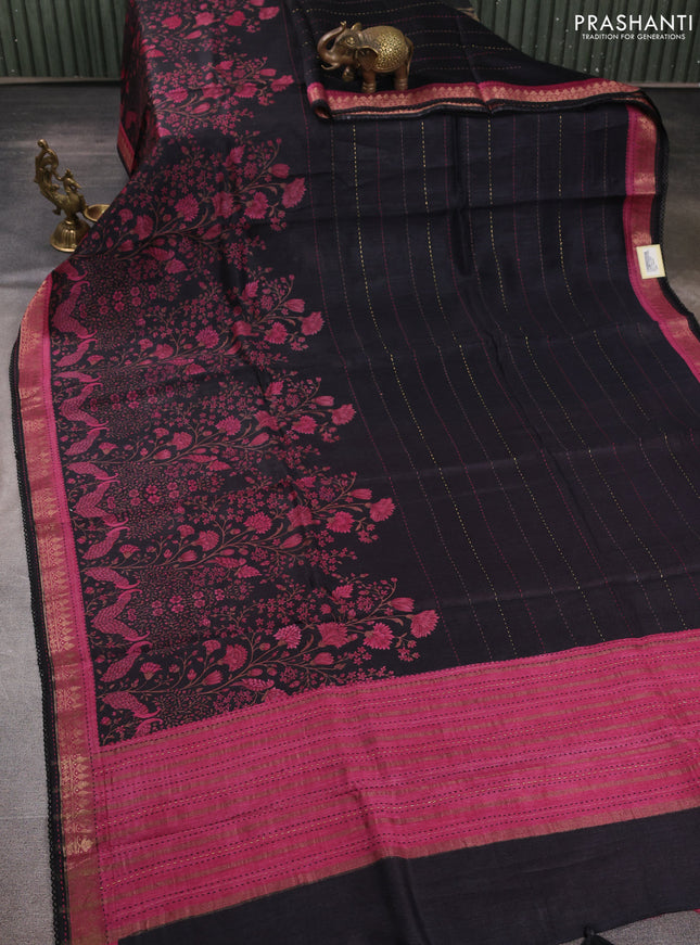 Munga tussar silk saree black and pink with allover prints & kantha stitch work and zari woven border