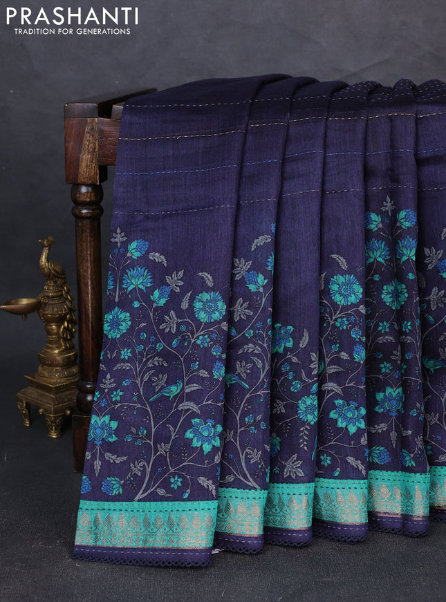 Munga tussar silk saree navy blue and teal green with allover prints & kantha stitch work and zari woven border