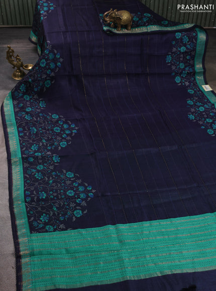 Munga tussar silk saree navy blue and teal green with allover prints & kantha stitch work and zari woven border