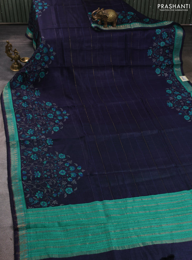 Munga tussar silk saree navy blue and teal green with allover prints & kantha stitch work and zari woven border