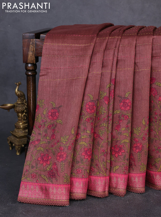 Munga tussar silk saree brown shade and pink shade with allover prints & kantha stitch work and zari woven border