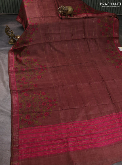 Munga tussar silk saree brown shade and pink shade with allover prints & kantha stitch work and zari woven border