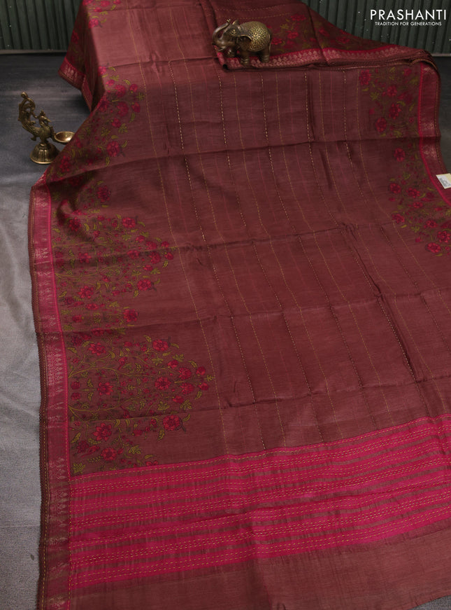 Munga tussar silk saree brown shade and pink shade with allover prints & kantha stitch work and zari woven border