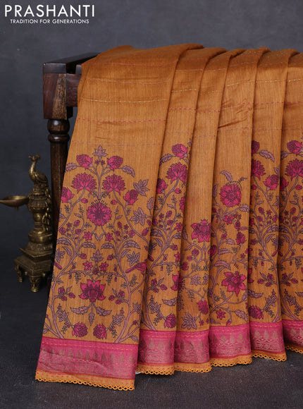 Munga tussar silk saree dark mustard and pink shade with allover prints & kantha stitch work and zari woven border