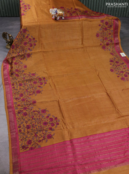 Munga tussar silk saree dark mustard and pink shade with allover prints & kantha stitch work and zari woven border