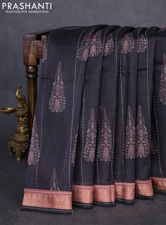 Munga tussar silk saree black and brown shade with allover butta prints & kantha stitch work and zari woven border