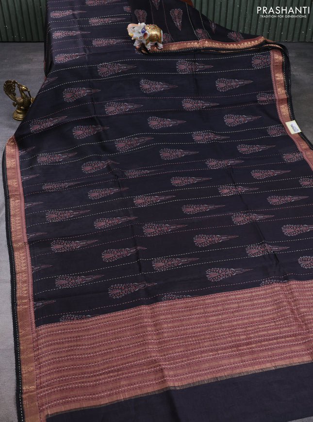 Munga tussar silk saree black and brown shade with allover butta prints & kantha stitch work and zari woven border