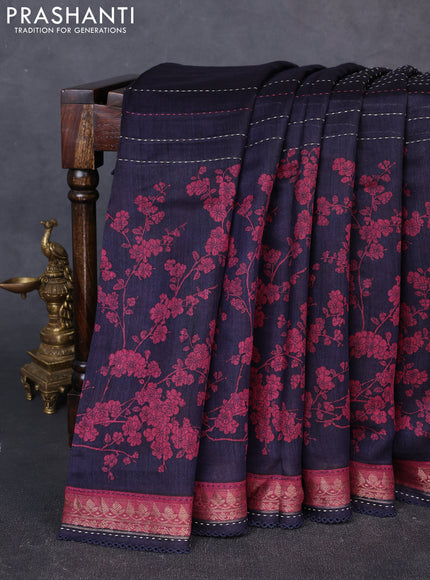 Munga tussar silk saree navy blue and pink shade with allover prints & kantha stitch work and zari woven border