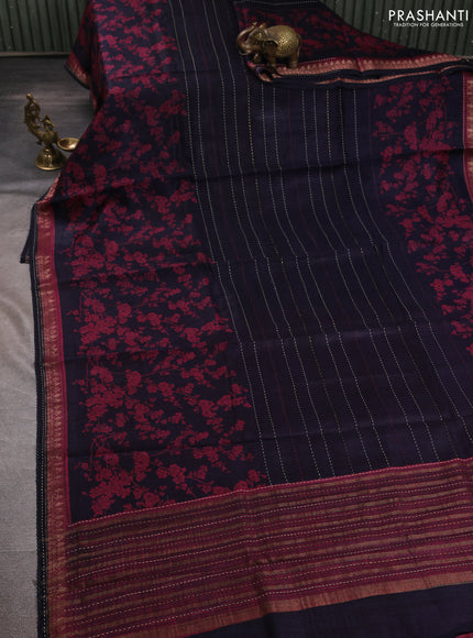 Munga tussar silk saree navy blue and pink shade with allover prints & kantha stitch work and zari woven border
