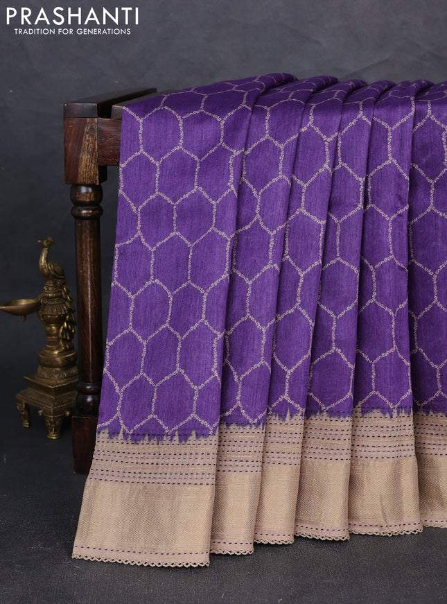 Munga tussar silk saree purple and beige with allover prints and zari woven kantha stitch work