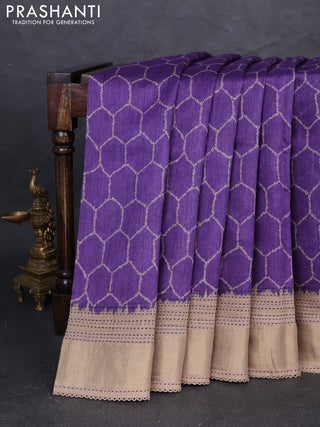 Munga tussar silk saree purple and beige with allover prints and zari woven kantha stitch work