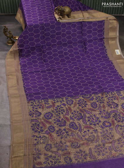 Munga tussar silk saree purple and beige with allover prints and zari woven kantha stitch work