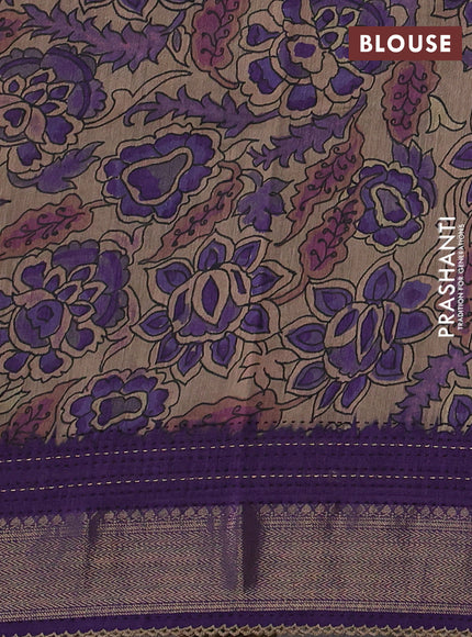 Munga tussar silk saree purple and beige with allover prints and zari woven kantha stitch work