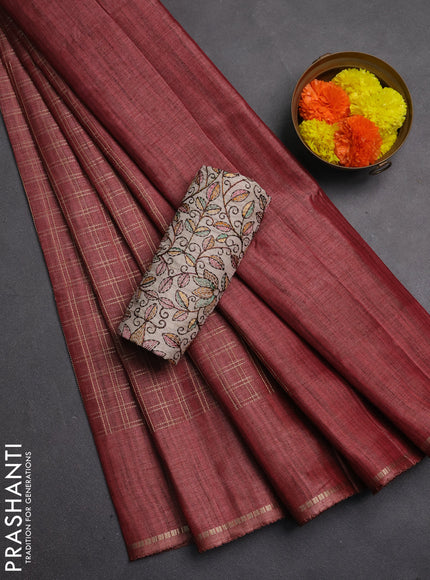 Semi tussar saree pastel maroon and beige with allover zari checked pattern and simple border