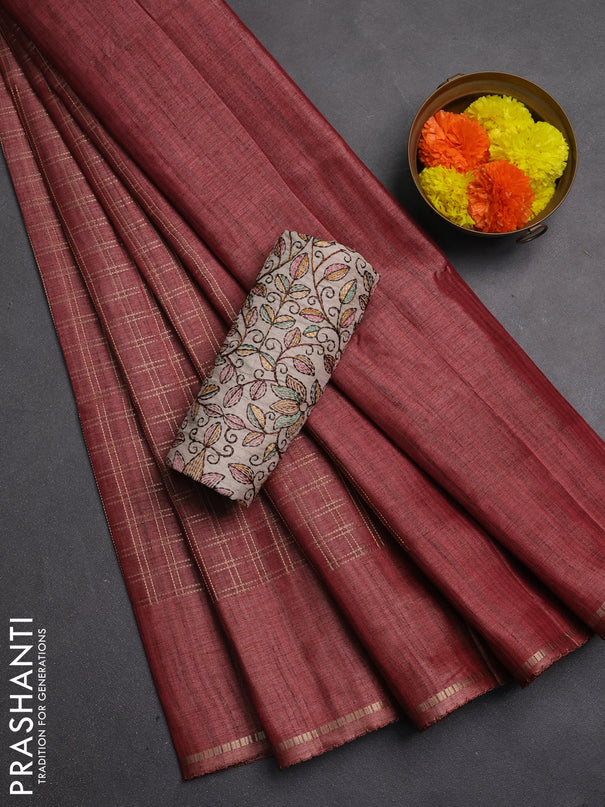 Semi tussar saree pastel maroon and beige with allover zari checked pattern and simple border
