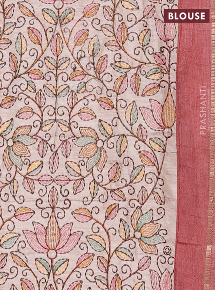 Semi tussar saree pastel maroon and beige with allover zari checked pattern and simple border