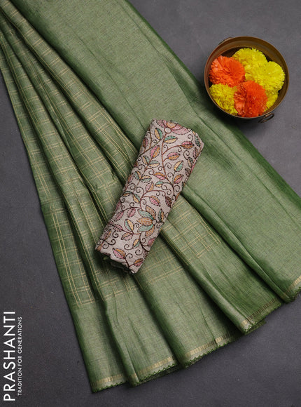Semi tussar saree green and beige with allover zari checked pattern and simple border