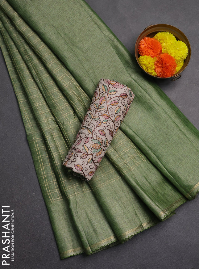 Semi tussar saree green and beige with allover zari checked pattern and simple border