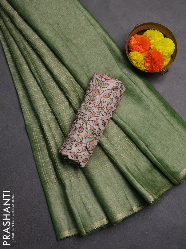 Semi tussar saree green and beige with allover zari checked pattern and simple border