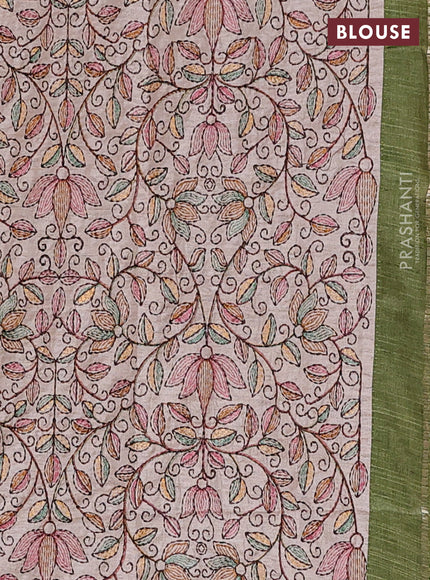 Semi tussar saree green and beige with allover zari checked pattern and simple border