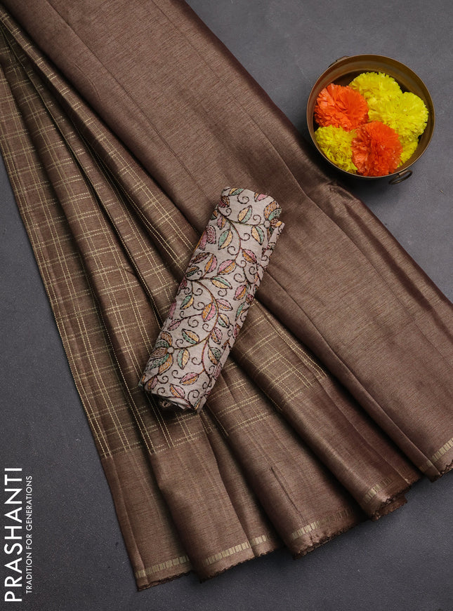 Semi tussar saree brown and beige with allover zari checked pattern and simple border