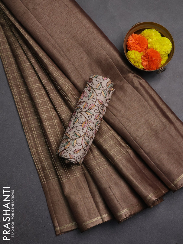 Semi tussar saree brown and beige with allover zari checked pattern and simple border