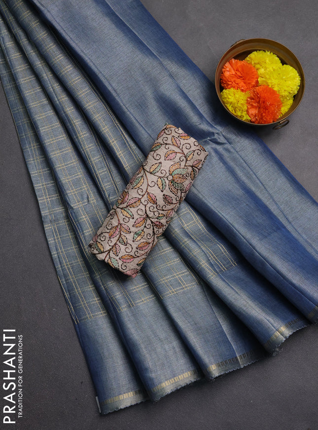 Semi tussar saree bluish grey and beige with allover zari checked pattern and simple border