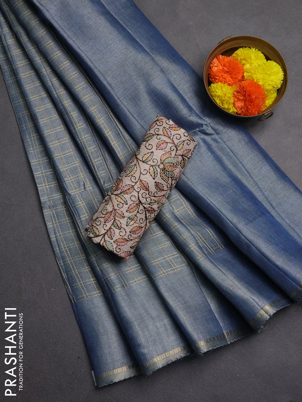 Semi tussar saree bluish grey and beige with allover zari checked pattern and simple border