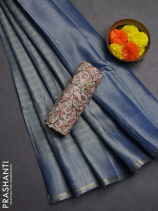 Semi tussar saree bluish grey and beige with allover zari checked pattern and simple border