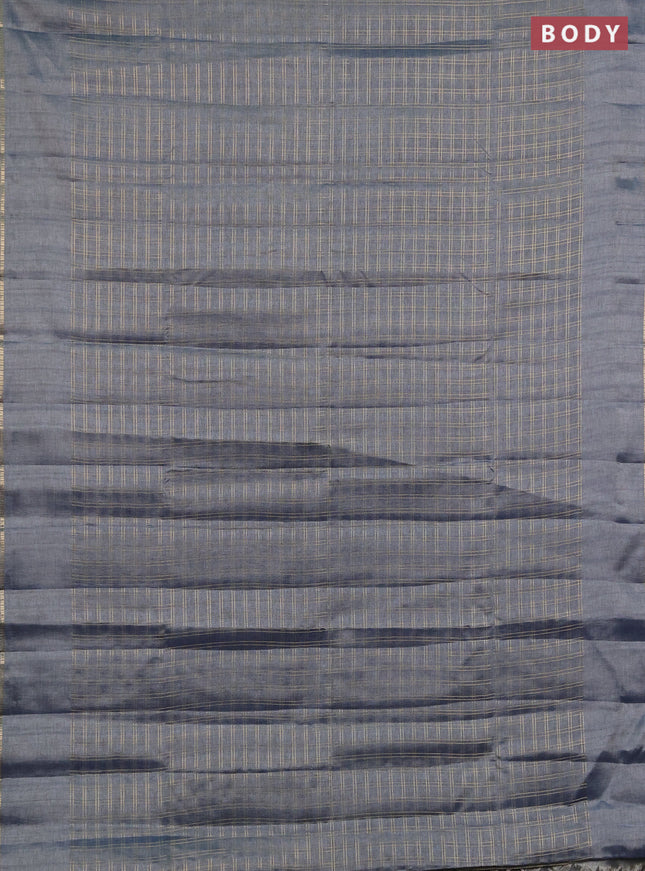 Semi tussar saree bluish grey and beige with allover zari checked pattern and simple border