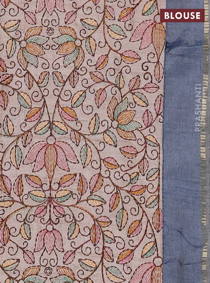 Semi tussar saree bluish grey and beige with allover zari checked pattern and simple border