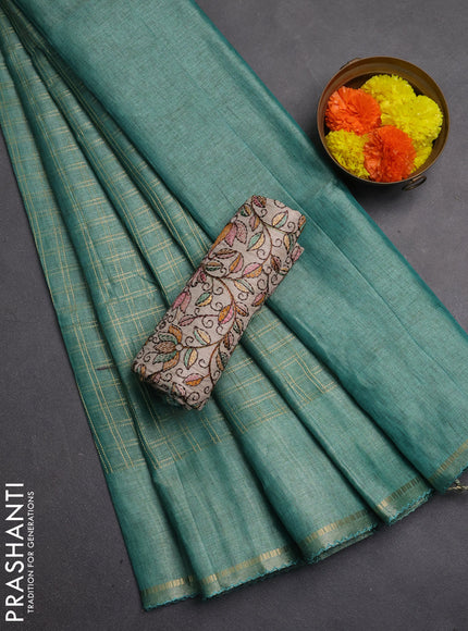 Semi tussar saree teal green and beige with allover zari checked pattern and simple border