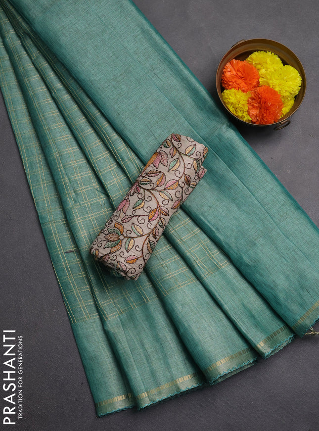 Semi tussar saree teal green and beige with allover zari checked pattern and simple border