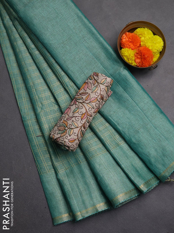 Semi tussar saree teal green and beige with allover zari checked pattern and simple border