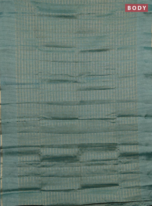 Semi tussar saree teal green and beige with allover zari checked pattern and simple border