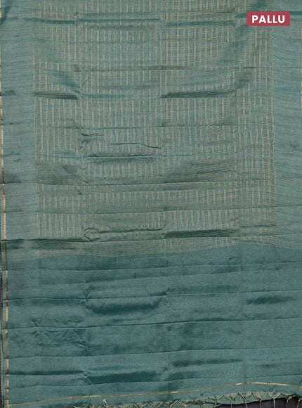 Semi tussar saree teal green and beige with allover zari checked pattern and simple border