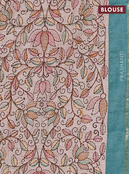 Semi tussar saree teal green and beige with allover zari checked pattern and simple border