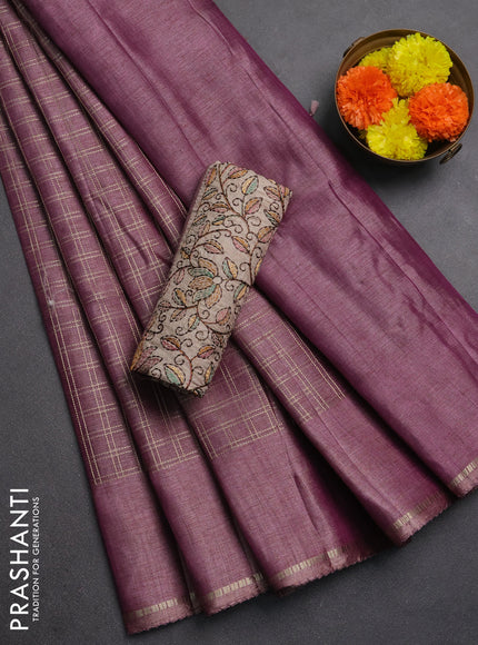 Semi tussar saree mauve pink and beige with allover zari checked pattern and simple border