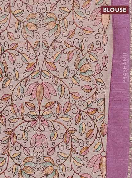 Semi tussar saree mauve pink and beige with allover zari checked pattern and simple border
