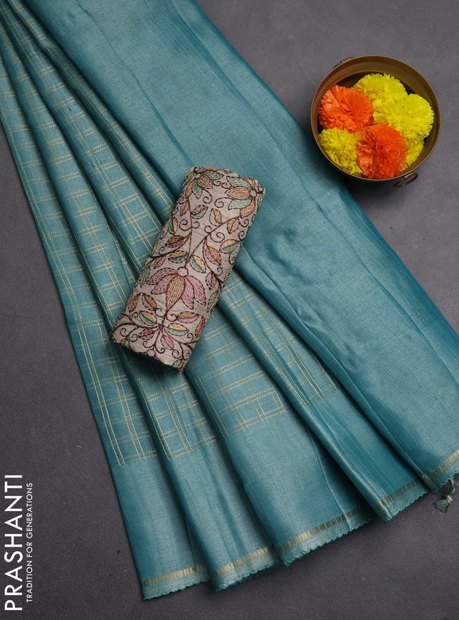 Semi tussar saree teal green shade and beige with allover zari checked pattern and simple border