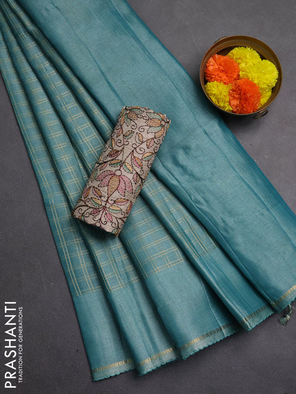 Semi tussar saree teal green shade and beige with allover zari checked pattern and simple border