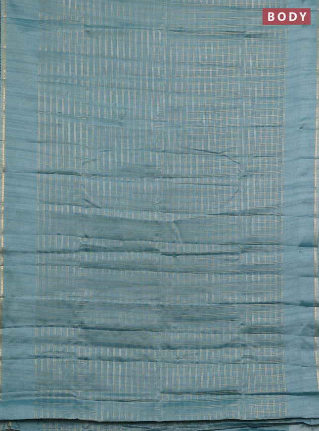 Semi tussar saree teal green shade and beige with allover zari checked pattern and simple border